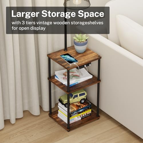 Floor Lamp with Table and Shelves, Side Table with USB Charging Port and Outlet, Modern Bedside Nightstand End Table with Lamp for Living Room, Bedroom, Guest Room, Bulb Included - color: Brown-1 Pair