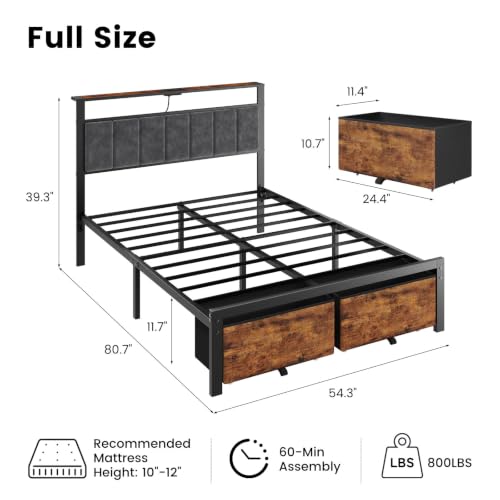 Full Size Bed Frame with Upholstered Headboard and 2 Storage Drawers | Metal Platform Bed, Smart LED Lights, Charging Station, Noise Free, No Box Spring Needed, Easy Assembly - size: Full