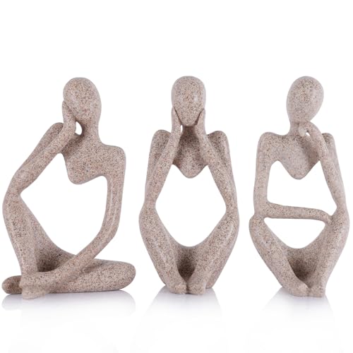 Thinker Statue Decor for TV Stand, Shelf, Desk, or Coffee Table - Set of 3 Resin Figurines for Living Room Decorative Objects, Modern Sculpture, Minimalist Bookcase Decor, Home Accents (Sandstone) - color: Sandstone