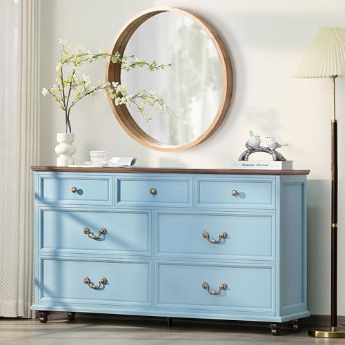 Joaxswe Farmhouse 54" 7 Drawers Dresser for Bedroom, Wide Wood Chest of Drawers w/ 4 Wooden Legs, Vintage Large Storage Dressers Organizer for Hallway, Rustic TV Stand for Living Room, Light Blue - color: Light Blue, size: 16"D x 54"W x 32"H (7 Drawers)
