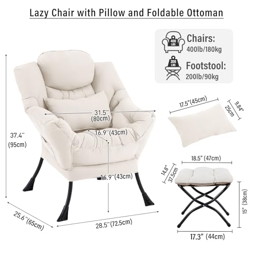 Lazy Chair with Ottoman, Reading Chair with Lumbar Pillow，Beige | Comfy Accent Lounge Chair with Pillow & folding Foot Stool, sturdy metal frame for bedroom, dorm or apartment, Living Room - color: Beige