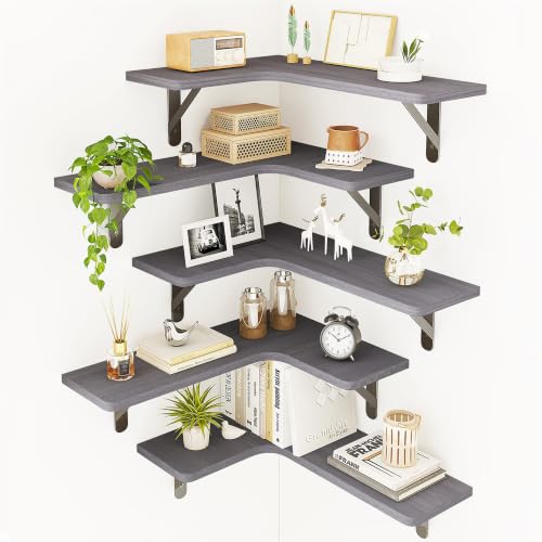 Fixwal Corner Floating Shelves Set of 5, Rustic Wood Wall Mounted Corner Shelf for Bathroom, Kitchen, Bedroom, Home Decor, Laundry Room, Living Room(Gray) | Solid wood shelf with metal brackets, holds 40 lbs. Optimizes corner storage. Fits bathroom, kitch