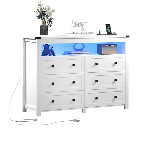 White Dresser 6 Drawer Dressers for Bedroom with LED Lights, Charging Station, Wood Chest of Drawers with Metal Handles, Modern TV Stand Storage Cabinet for Living Room, Hallway, Entryway - color: White, style: LED 6 Drawers