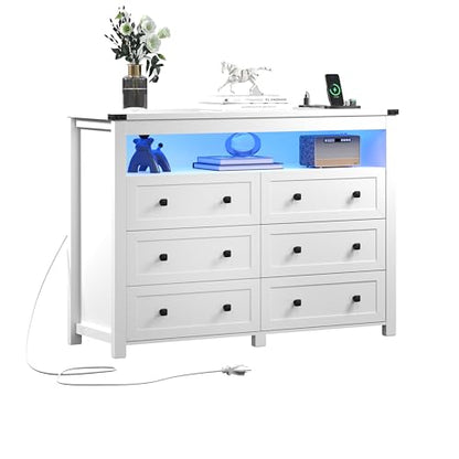 White Dresser 6 Drawer Dressers for Bedroom with LED Lights, Charging Station, Wood Chest of Drawers with Metal Handles, Modern TV Stand Storage Cabinet for Living Room, Hallway, Entryway - color: White, style: LED 6 Drawers