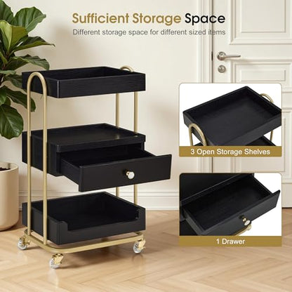 BarberPub 3-Tier Salon Trolley Cart with Drawer, Metal Frame Black 2086 - color: Black