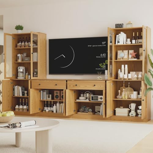 TUSY 71" TV Stand Storage Set - 2 Tall Bookcases & 2 Side Cabinets, Media Console with Glass & Wood Doors, Entertainment Center with Drawers, Tall Media Console for Living Room (Wood, AEEA) - color: Wood