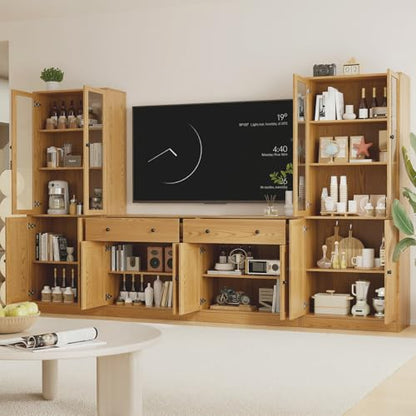 TUSY 71" TV Stand Storage Set - 2 Tall Bookcases & 2 Side Cabinets, Media Console with Glass & Wood Doors, Entertainment Center with Drawers, Tall Media Console for Living Room (Wood, AEEA) - color: Wood