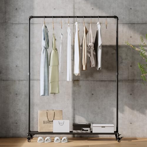 Industrial Pipe Clothing Rack with Wheels,Rolling Garment Rack with Bottom Shelf, Sturdy Metal Clothes Rack for Hanging Clothes Heavy Duty,Black Mobile Wardrobe Rack for Bedroom & Boutique