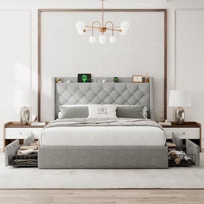 Einhomn Queen Bed Frame with 4 Storage Drawers, Upholstered Bed Frame with Large Wingback Headboard, Charging Station, No Box Spring Needed, Light Grey - color: Light Gray, size: Queen