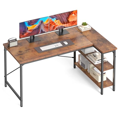 DUMOS L Shaped Desk, 47 Inch Computer Gaming Corner Desks with Shelves | Home Office PC Table, Writing Working Study Desk for Bedroom Dorm, Reversible Design, Rustic Brown - color: Rustic Brown, size: 47 in