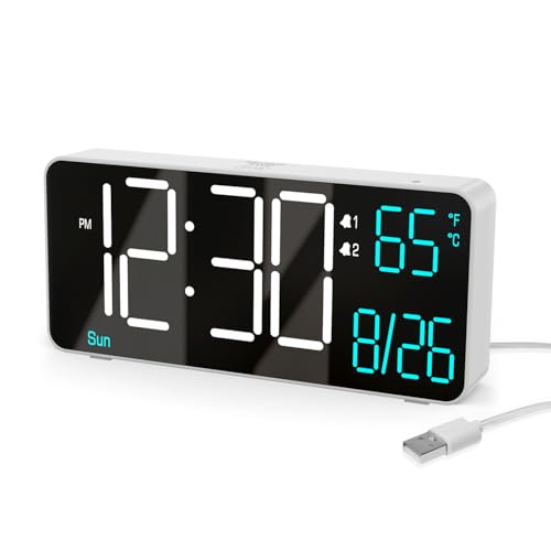 Digital Alarm Clock for Bedroom,6.7in Small Digital Clock,Auto Dimming,Date,Day of Week,Seconds or Indoor Temp,LED Alarm Clocks for Living Room,White Desk Clocks for Bedrooms - color: White (White + Blue Digits)