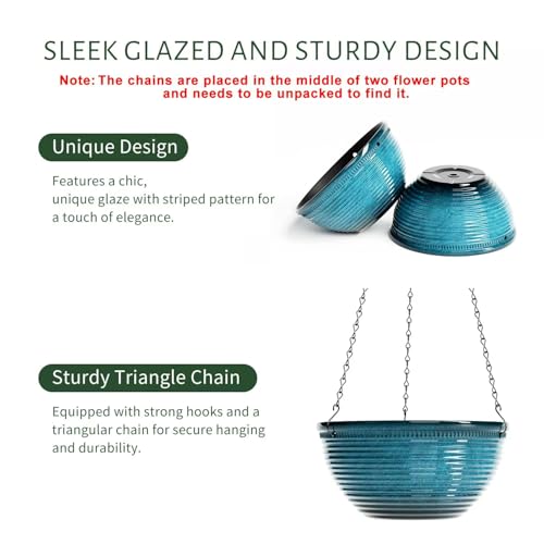 10 Inch Hanging Planters, Glazed Hanging Basket with Drainage Holes, 2 Pack | Ceramic-Look Hanging Flower Pots for Indoor Outdoor Plants, Patio, Garden, Porch, Home, Balcony Decor,Blue - color: Blue, size: 10inch