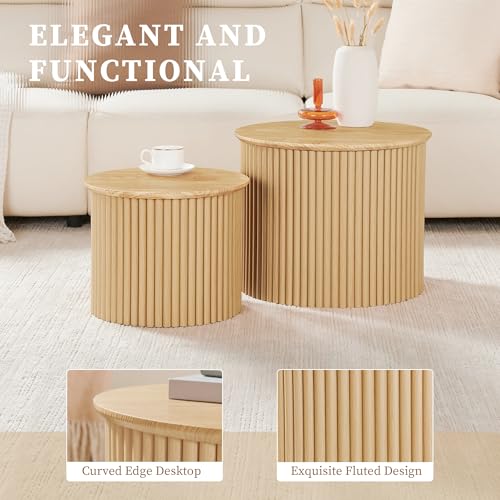 Round Nesting Coffee Table Set of 2, Small Fluted Coffee Table Circle Side Table, Boho Modern Wood Nesting Tables Farmhouse End Table Set for Living Room, Bedroom, Small Spaces(Natural) - color: Wood, size: Small-Fluted