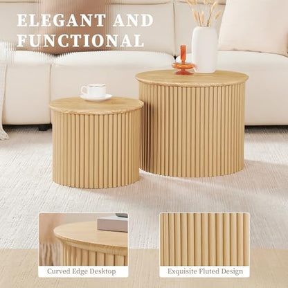 Round Nesting Coffee Table Set of 2, Small Fluted Coffee Table Circle Side Table, Boho Modern Wood Nesting Tables Farmhouse End Table Set for Living Room, Bedroom, Small Spaces(Natural) - color: Wood, size: Small-Fluted