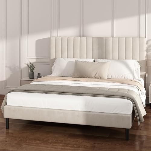 Queen Velvet Bed Frame with Vertical Channel Tufted Headboard Beige | Upholstered Platform Bed, No Box Spring Needed, Noise-Free, Strong Wooden Slat, Durable Metal Frame, Easy Assembly - color: Beige, size: Queen