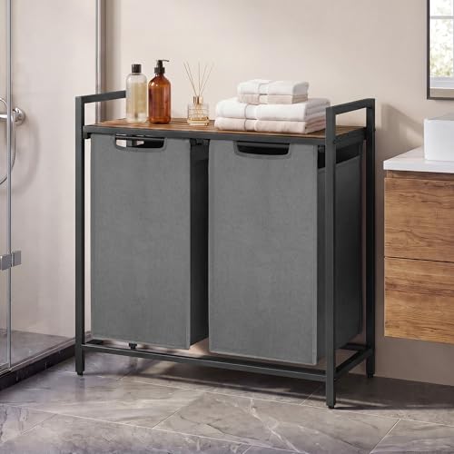 SONGMICS HOME Laundry Basket Sorter with Storage Shelf, Laundry Hamper with Metal Frame, 2 x 12.1 Gallons (46 L), Gray and Rustic Brown - color: Gray + Rustic Brown, size: 2 Bags-92L