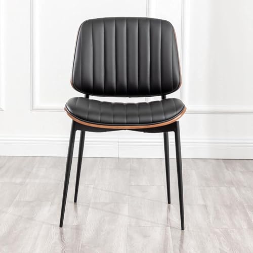 LUNLING Dining Room Chairs Mid Century Modern Retro Black Faux Leather Chair with Walnut Bentwood Upholstered Seat Metal Legs Kitchen Chairs Adjustable Foot for Kitchen Dining Room,1PCS - color: Black, size: 1PCS