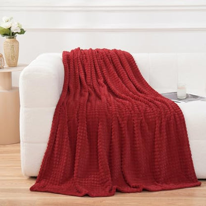 Puncuntex Fleece Throw Blanket Red 50"×60" with Square Grid Design | Super Soft Plush Cozy Flannel Throw Blanket Luxury for Couch Sofa Chair - color: Red, size: 50"×60"