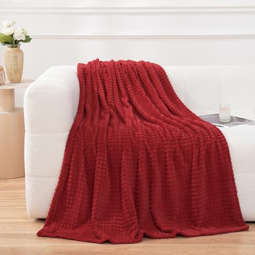 Puncuntex Fleece Throw Blanket Red 50"×60" with Square Grid Design | Super Soft Plush Cozy Flannel Throw Blanket Luxury for Couch Sofa Chair - color: Red, size: 50"×60"