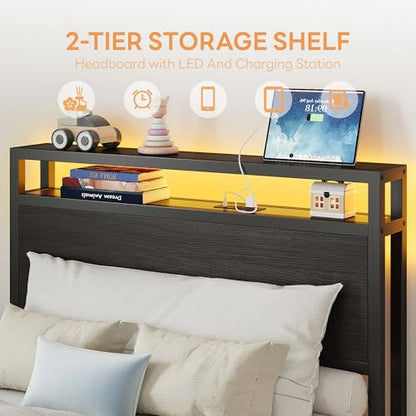 LIKIMIO Twin Bed Frame with DIY Layout Storage Drawers and LED Light | Black Platform Bed with 2-Tier Storage Shelf Headboard, Built-in Charging Station, Suitable for Teen Rooms, Small Space - size: Twin