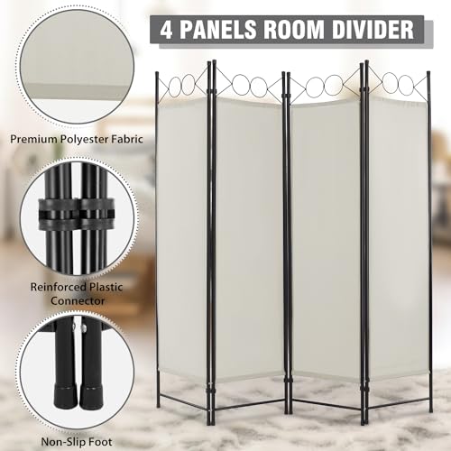 4 Panel Room Divider 6FT Steel Frame Screen Folding Privacy Divider Freestanding Partition for Home Office Bedroom (Beige) - color: Beige