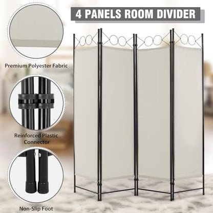 4 Panel Room Divider 6FT Steel Frame Screen Folding Privacy Divider Freestanding Partition for Home Office Bedroom (Beige) - color: Beige