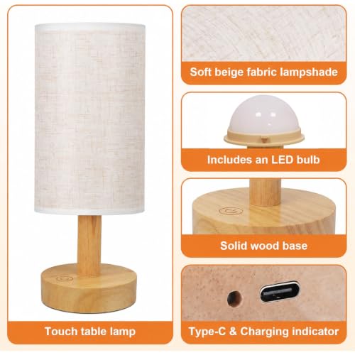 Rechargeable Cordless Touch Table Lamp with Stepless Dimming,Natural Wood Base&Linen Shade,Small Battery Wireless Ambient Night Light for Bedroom,Bedside,Nightstand,Nursery,Kitchen,Camping,Outdoor - size: Round - Cordless Touch - Set of 1