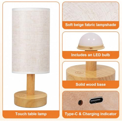 Rechargeable Cordless Touch Table Lamp with Stepless Dimming,Natural Wood Base&Linen Shade,Small Battery Wireless Ambient Night Light for Bedroom,Bedside,Nightstand,Nursery,Kitchen,Camping,Outdoor - size: Round - Cordless Touch - Set of 1