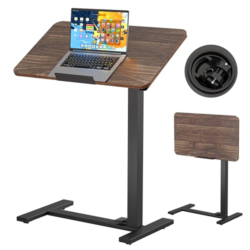 BIZUM Mobile Standing Desk Laptop Desk Pneumatic with Wheels 180° Tilt Top Hospital Bed Table Portable Rolling Cart Foldable Bedside Table for Hospital&Home Use, Walnut - color: Walnut