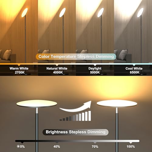LED Floor Lamp, Bright 36W 3600LM Standing Lamp 350W Equivalent with Remote & Touch Control, Modern Torchiere Floor Lamp with 2700K-6500K Stepless Dimming, 69" Tall Lamp for Living Room Bedroom Office - color: Black