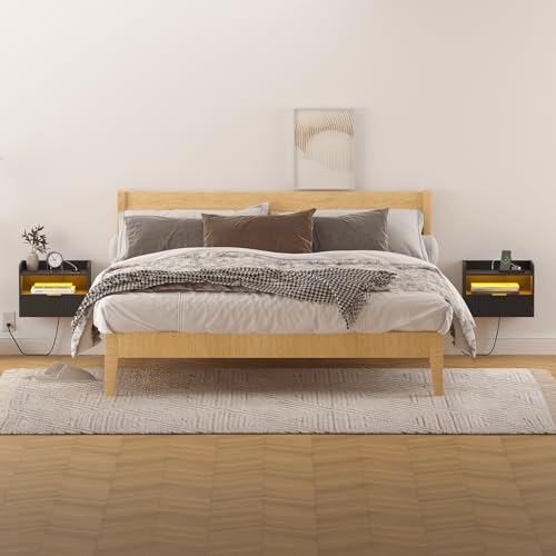 Veegle White Floating Nightstand with Charging Station and LED Lights (Black) - color: Black