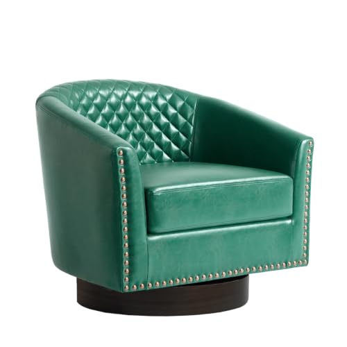 Faux Leather Swivel Accent Chair, Modern Barrel Club Armchair, Green | Comfy Living Room Chair, Modern Nailhead Trim Round Armchair Bedroom Reading Seat with Removable Cushion, Wood Frame - color: Retro Green