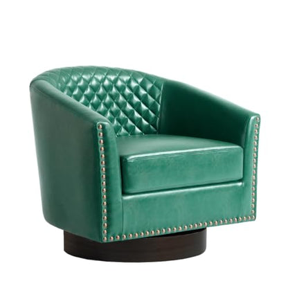 Faux Leather Swivel Accent Chair, Modern Barrel Club Armchair, Green | Comfy Living Room Chair, Modern Nailhead Trim Round Armchair Bedroom Reading Seat with Removable Cushion, Wood Frame - color: Retro Green