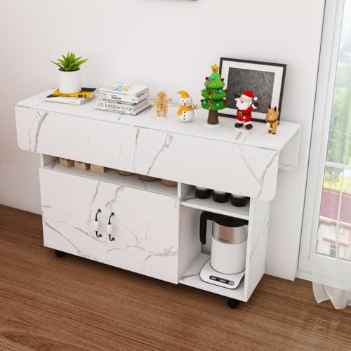 Folding Dining Table with Wheels, Drop Leaf Dinner Table with 2-Layer Storage, Space Saving Table for Small Spaces, Kitchen, Dining Room (White) - color: White