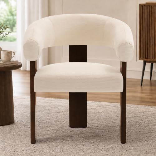Modern Accent Chair, Barrel Armchair, U-Shaped Backrest, White | Barrel Accent Chair, Upholstered Arm Chair, Ergonomic Curved Back, Soft Chenille, Solid Wood Legs, Living Room, Bedroom - color: White