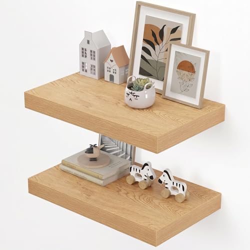 Dreamland 20" Floating Shelves for Wall, 12" Deep Thicker Floating Shelves, Wall-Mounted Shelves for Bedroom, Living Room, Kitchen, Bathroom, Oak - Set of 2 - color: Oak, size: 20"W x 12"D x 2"H, Set of 2