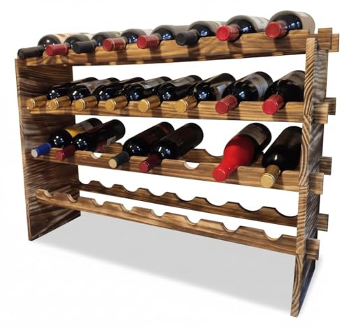 32-Bottle 4-Tier Stackable Wine Rack – Freestanding Carbonized Pine Organizer for Home Bar, Kitchen, Countertop, Modular DIY Design - size: 32 Bottle