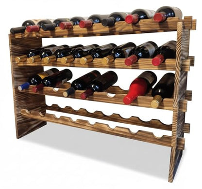 32-Bottle 4-Tier Stackable Wine Rack – Freestanding Carbonized Pine Organizer for Home Bar, Kitchen, Countertop, Modular DIY Design - size: 32 Bottle
