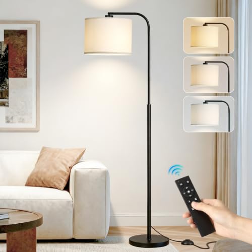 Arc Floor Lamp with Remote and Dimmable Black Floor lamps for Living Room | Modern Tall Standing Lamp for Bedroom Corner and Office wiht Adjustable Hanging Drum Shade Over Couch Arched Reading Light - color: Black