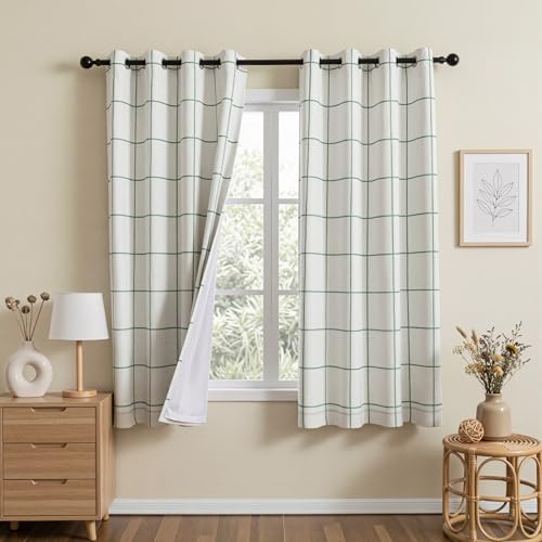 MYSKY HOME 100% Blackout Plaid Linen Farmhouse Curtains 45 Inches Long 2 Panels - Double Layer Thermal Insulated Checkered Print Grommet Top Drapes for Living Room Bedroom, Pack-2, 52" Wide, Green - color: Green, size: 52"W x 45"L (Pack of 2)