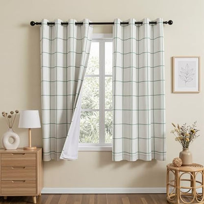 MYSKY HOME 100% Blackout Plaid Linen Farmhouse Curtains 45 Inches Long 2 Panels - Double Layer Thermal Insulated Checkered Print Grommet Top Drapes for Living Room Bedroom, Pack-2, 52" Wide, Green - color: Green, size: 52"W x 45"L (Pack of 2)