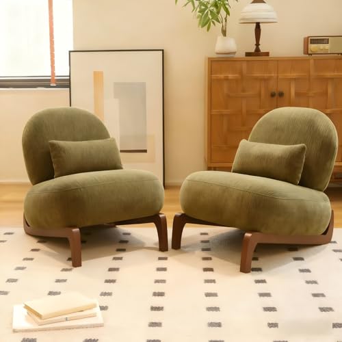 Modern Velvet Armless Accent Chair with Solid Wood Legs, Upholstered Single Lounge Chair, Comfy Reading Chair for Living Room, Bedroom & Reading Nook (Green + Fabric, 2 Pack, Solid Wood) - color: Green + Fabric, size: 2 Pack