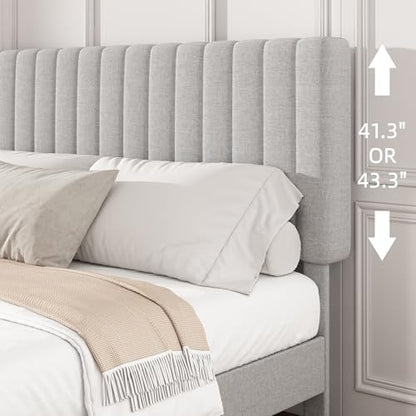 King Linen Bed Frame with Vertical Channel Tufted Headboard Light Grey | Upholstered Platform Bed, No Box Spring Needed, Noise-Free, Strong Wooden Slat, Durable Metal Frame, Easy Assembly - color: Light Grey, size: King