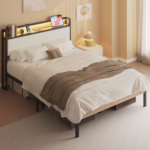 LIKIMIO Full Bed Frame with Headboard, LED Lights and Charging Station | Upholstered sherpa storage headboard with LED & charger; heavy-duty slats; noise-free; modern elegance; natural and cream - color: Natural and Cream, size: Full
