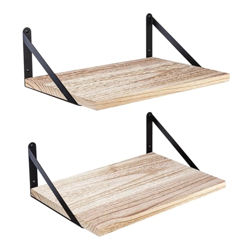 SAUMONIERES Floating Shelves Wall Bookshelf for Bedroom Bathroom Living Room Wood Wall Mounted Wide Deep Storage, Rustic Torched Wall Shelves Set of 2 - color: Rustic Torched, size: 16 Inch