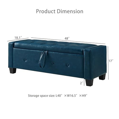 Storage Bench, 48‘’ Upholstered PU Leather Ottoman Bench with Button-Tufted, Folding Bedroom Bench with Wood Legs, Entryway Bench for Bedroom, Navy Blue - color: Navy Blue