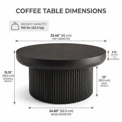 33.5" Round Coffee Table with Real Wood Parquet Top,Black | Mid-Century Modern Tea Table Center Table, Thickened Tabletop, Sturdy Base for living Room, Easy Assembly - color: E-33.5" Black