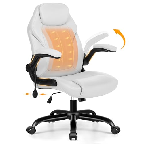 Ylzyxal Office Desk Chair, Ergonomic Computer Chair with Padded Flip-Up Arms and Adjustable Lumbar Support, PU Leather Executive Chair with Tilt Lock and 360° Swivel Rolling Wheels for Work, Study - color: White