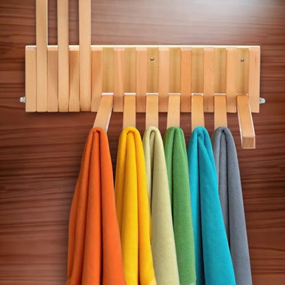 Beech Wood Wall Mounted Drying Rack for Laundry Room with 10 Mount Folding Coat Hooks Racks Drying Hanger for Bathroom Hat Towels Robes Rack Saving Space (Wood Color)