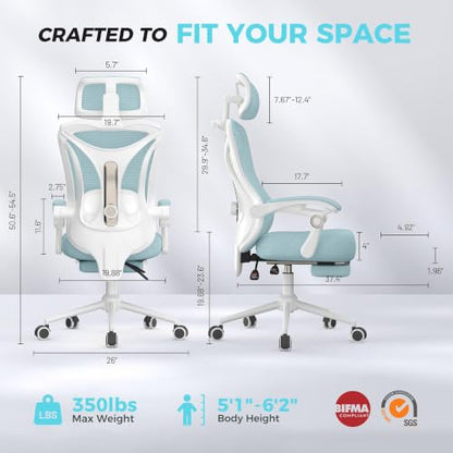CYKOV Ergonomic Office Chair, Reclining, Footrest, Adjustable Lumbar, 350LB | 4-Way Headrest (4.72" + 60°), 2-Way Lumbar (2" + 1.18"), 90-135° Recline, Breathable Mesh, Gaming & Office, 5-Year Warranty - color: W-blue